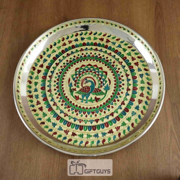 Handcrafted Meenakari Peacock Pooja Thali – 11 Inch Steel Plate for Festive & Daily Worship