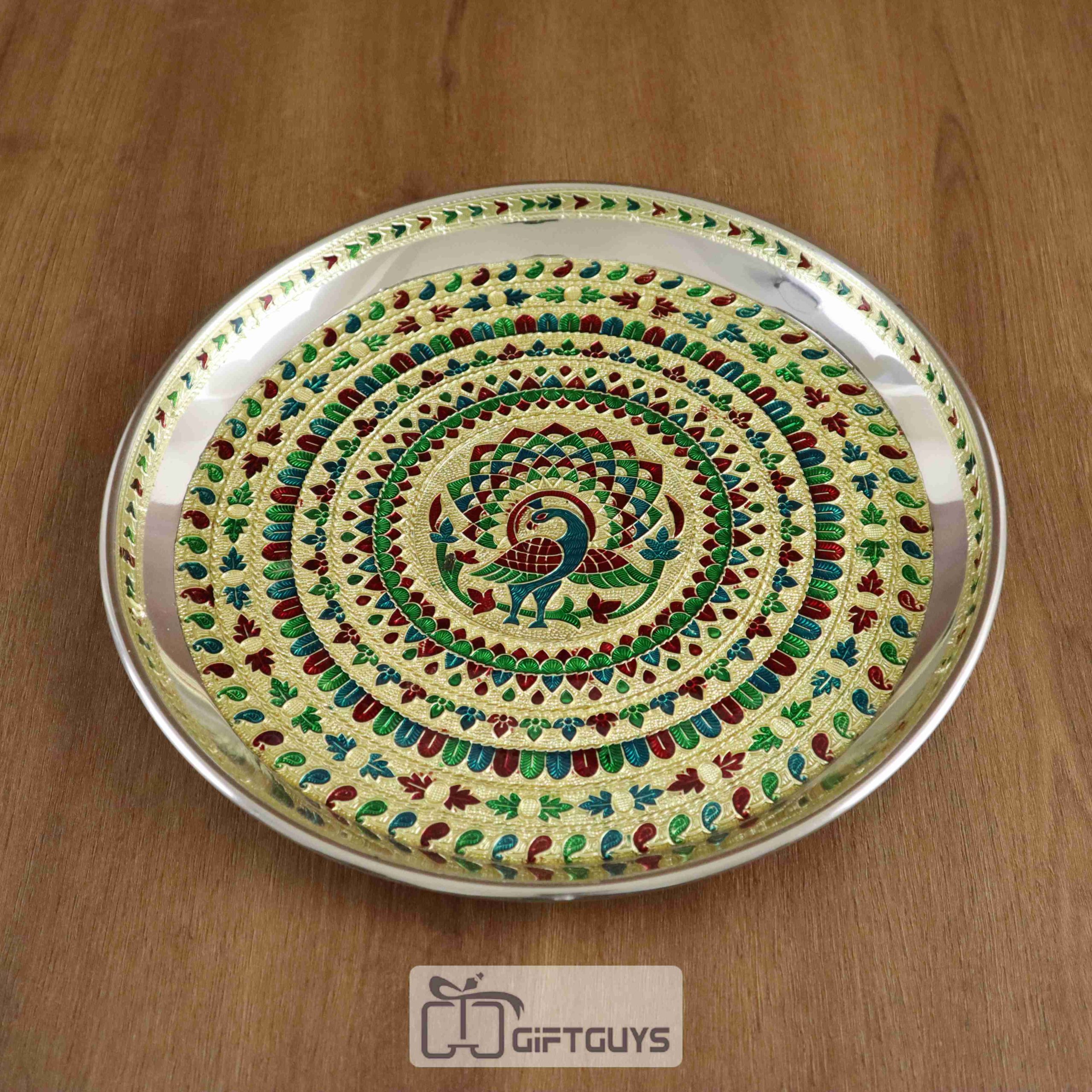 Handcrafted Meenakari Peacock Pooja Thali – 11 Inch Steel Plate for Festive & Daily Worship - Image 2