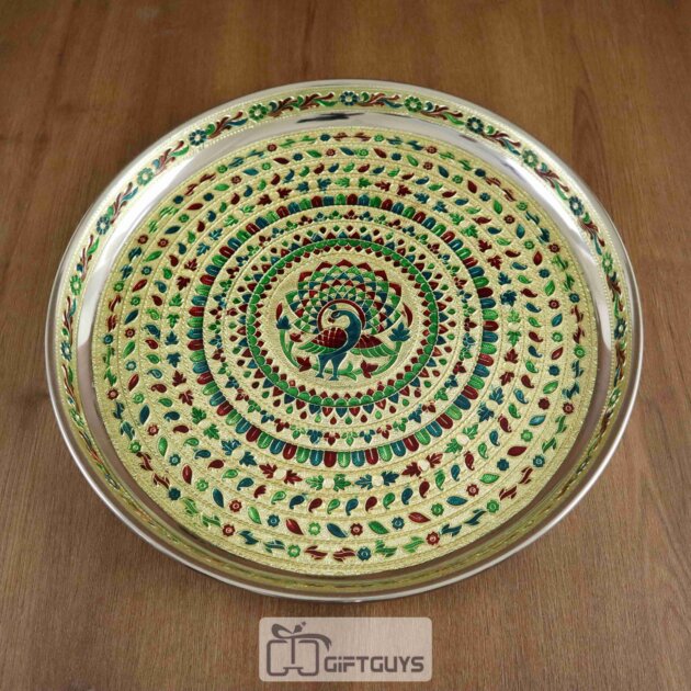 Handcrafted Meenakari Peacock Pooja Thali – 13.5 Inch Steel Plate for Festive & Daily Worship