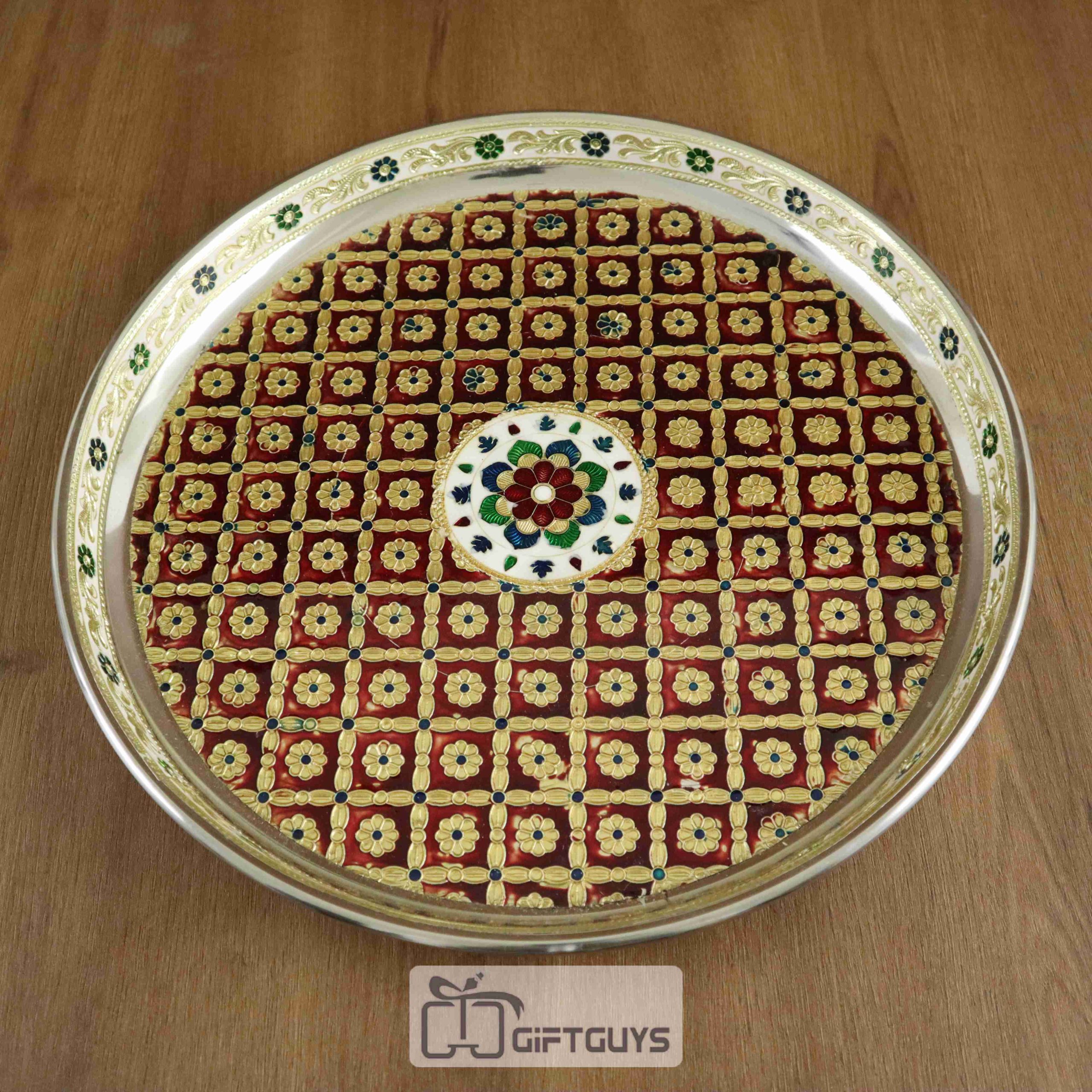 13.5 Inch Meenakari Pooja Thali – Handcrafted Large Steel Plate with Floral Enamel Design