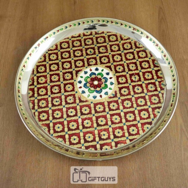 12 Inch Meenakari Steel Pooja Thali – Handcrafted Floral Design Plate for Traditional Rituals