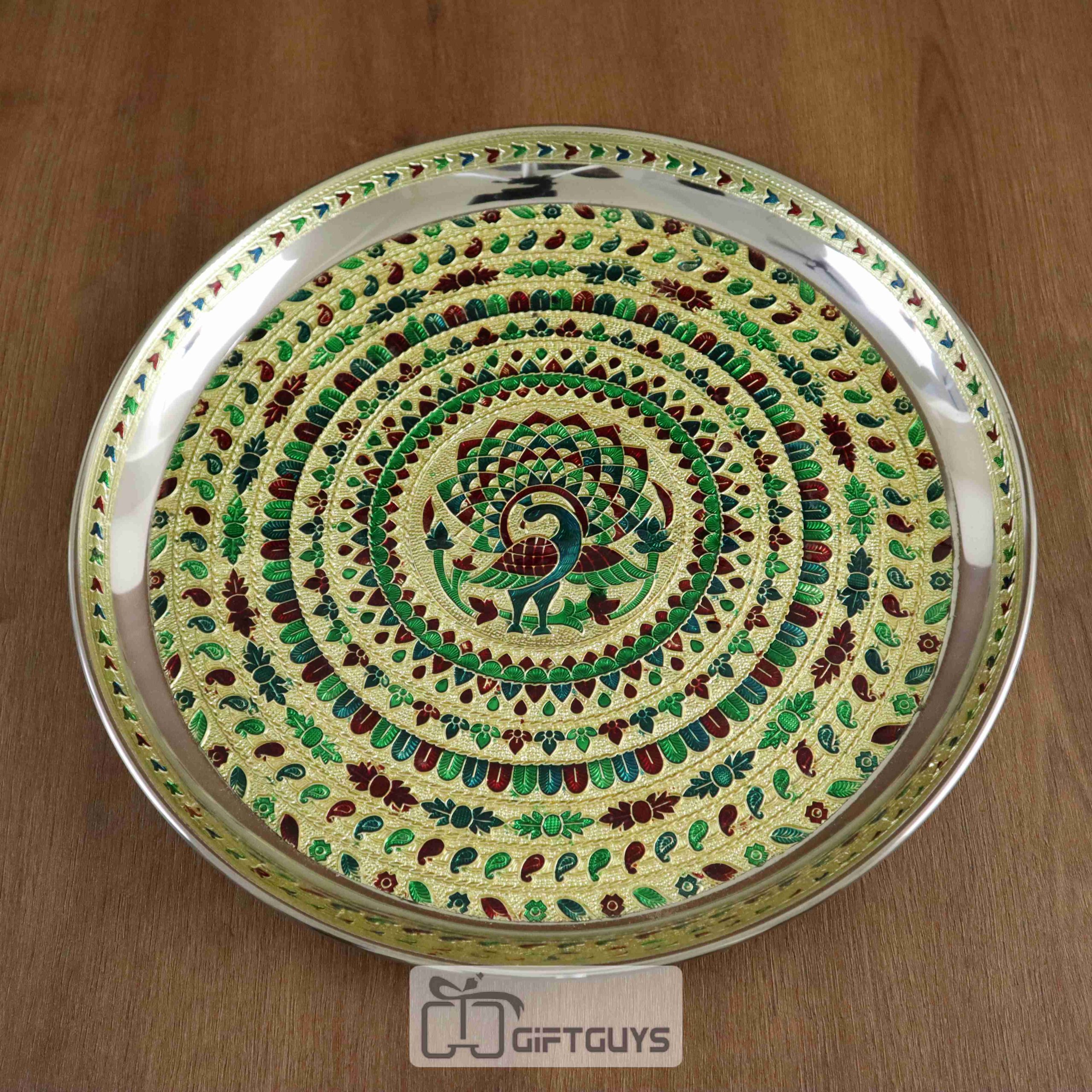 Handcrafted Meenakari Peacock Pooja Thali – 13.5 Inch Steel Plate for Festive & Daily Worship - Image 2