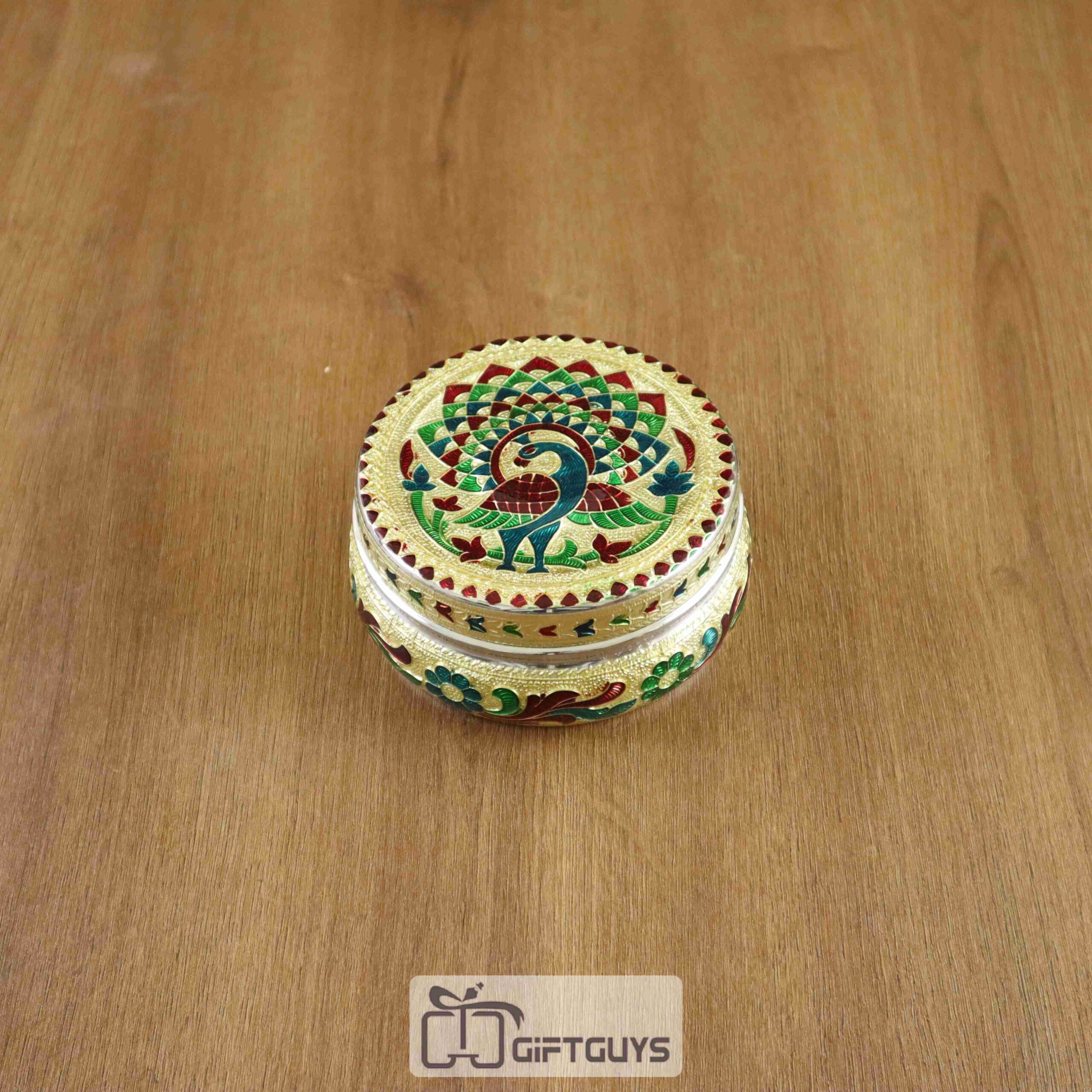 Peacock Design Meenakari Steel Box – 4 Inch Decorative Storage Container for Gifts & Home Use