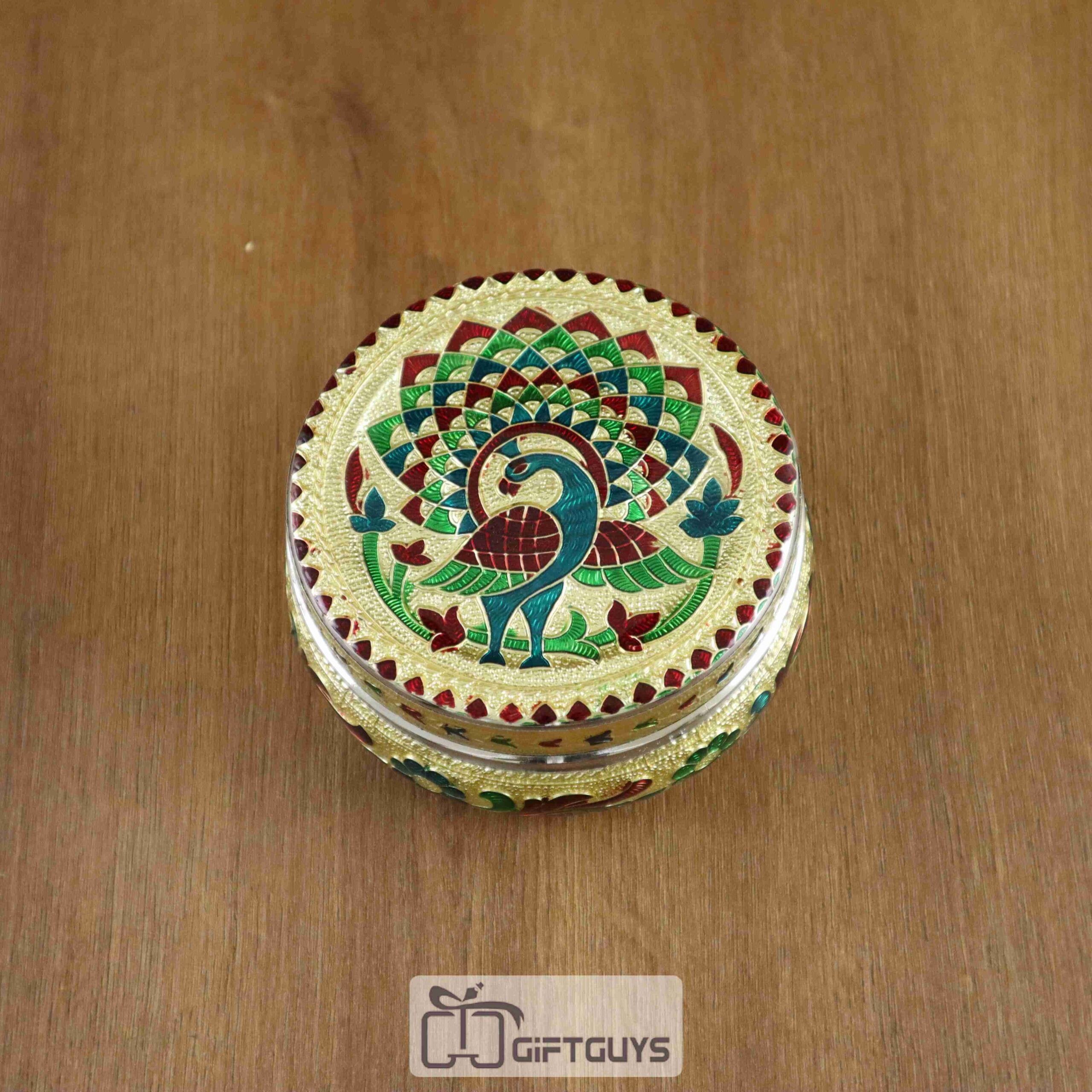Peacock Design Meenakari Steel Box – 4 Inch Decorative Storage Container for Gifts & Home Use - Image 3