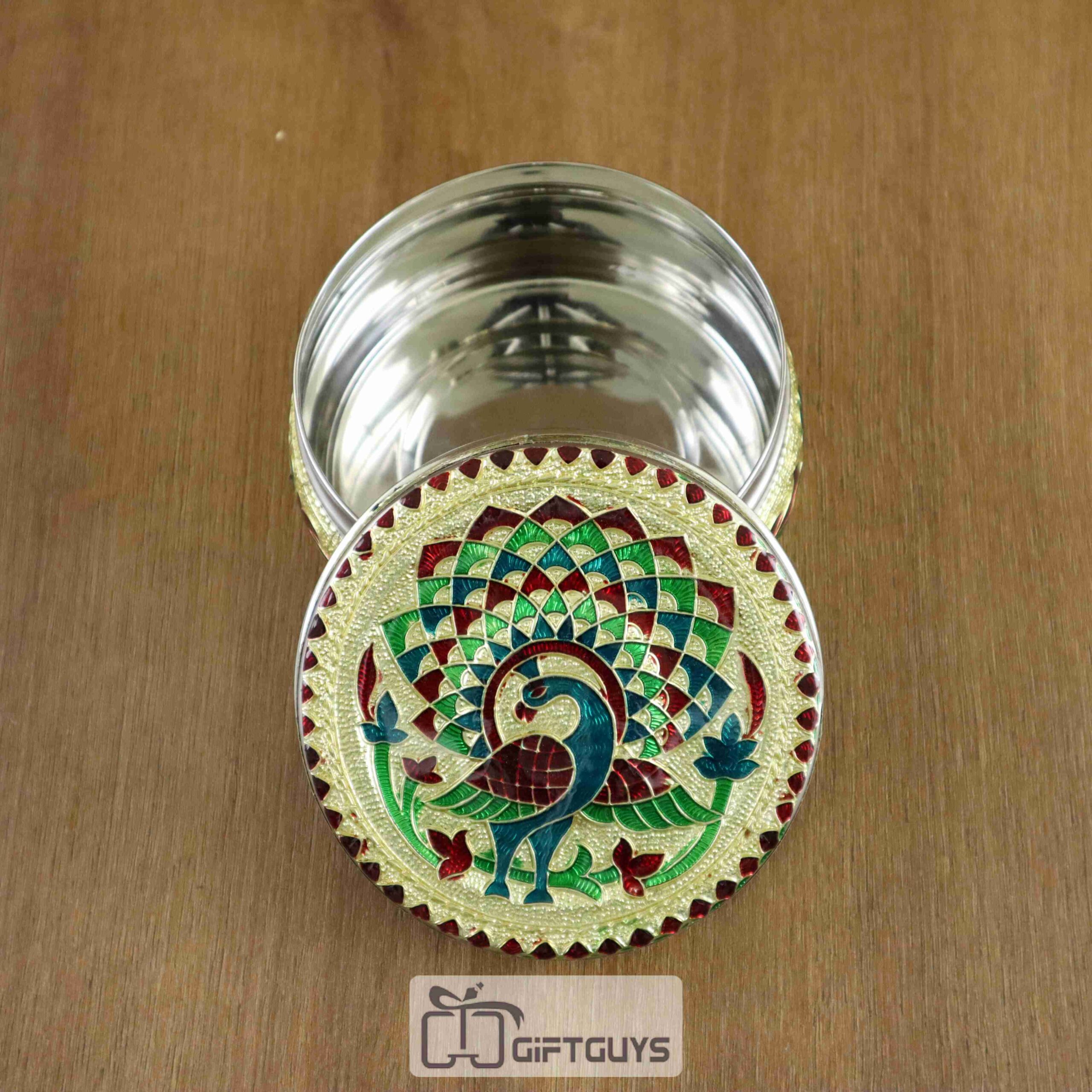 Peacock Design Meenakari Steel Box – 4 Inch Decorative Storage Container for Gifts & Home Use - Image 2