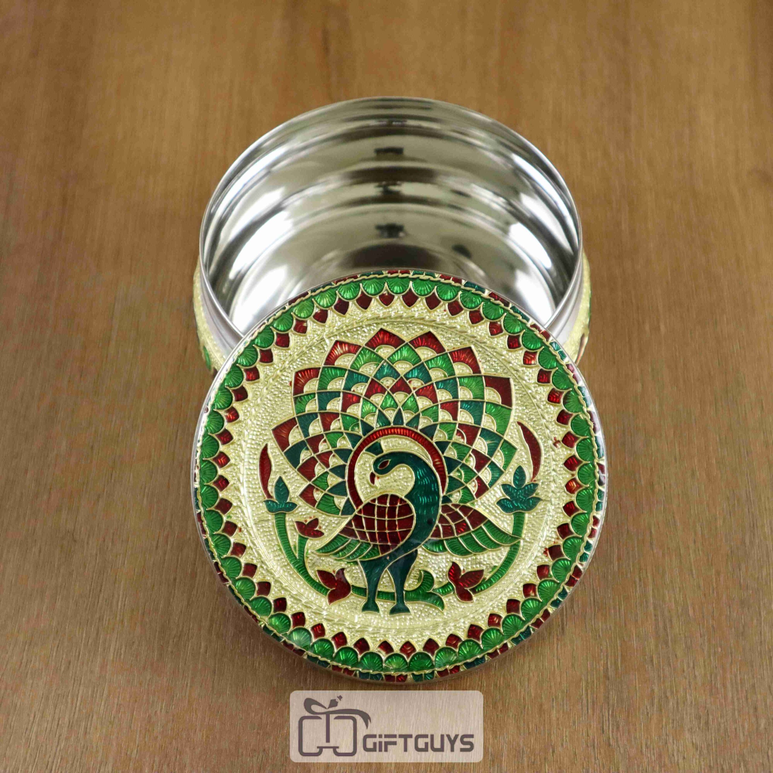 Meenakari Steel Box Peacock Design 4.5 inch - Image 3