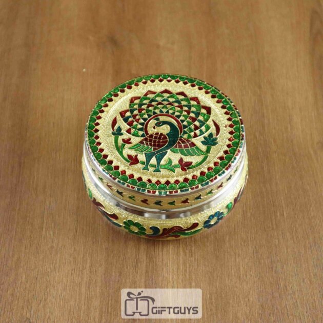 Meenakari Steel Box Peacock Design 4.5 inch