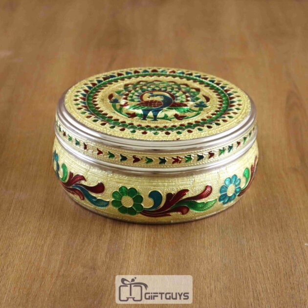 Peacock Design Meenakari Steel Box – 6 Inch Decorative Storage Container for Gifts & Home Use