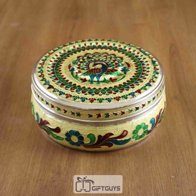 Peacock Design Meenakari Steel Box – 6.5 Inch Decorative Storage Container for Gifts & Home Use