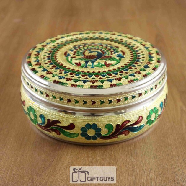 Peacock Design Meenakari Steel Box – 7 Inch Decorative Storage Container for Gifts & Home Use