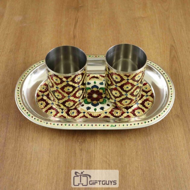 Handcrafted Meenakari Tray Set with 2 Glasses – 10.5 x 6.5 Inch, 250ml Drinkware Gift Set
