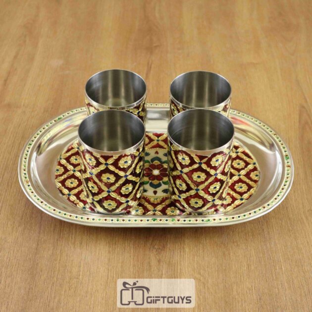 Handcrafted Meenakari Tray Set with 4 Glasses – 11 x 7.5 Inch, 250ml Drinkware Gift Set