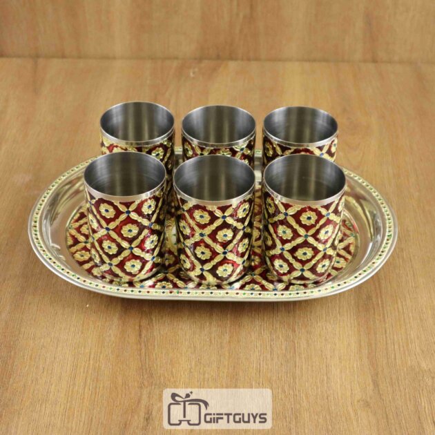 Meenakari SS Tray With 6 Glass