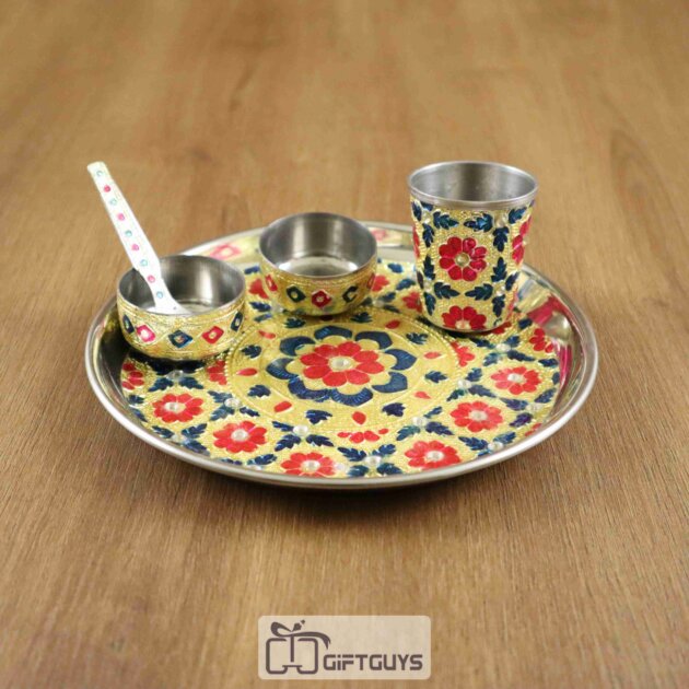 Traditional Meenakari Pooja Thali Set – Handcrafted Steel Plate with Bowls, Glass & Spoon for Daily Worship