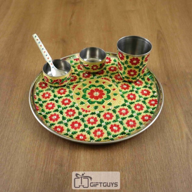Traditional Meenakari Pooja Thali Set – Handcrafted Steel Plate with Bowls, Glass & Spoon for Daily Worship