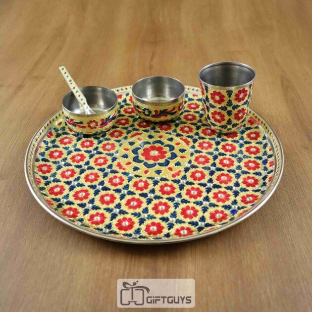 Traditional Meenakari Pooja Thali Set – Handcrafted Steel Plate with Bowls, Glass & Spoon for Daily Worship