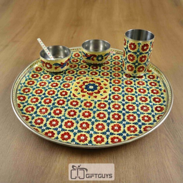 Traditional Meenakari Pooja Thali Set – Handcrafted Steel Plate with Bowls, Glass & Spoon for Daily Worship