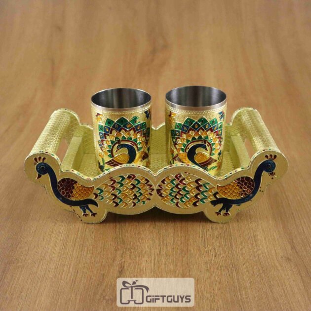 Meenakari Peacock Design Tray With 2 Glass