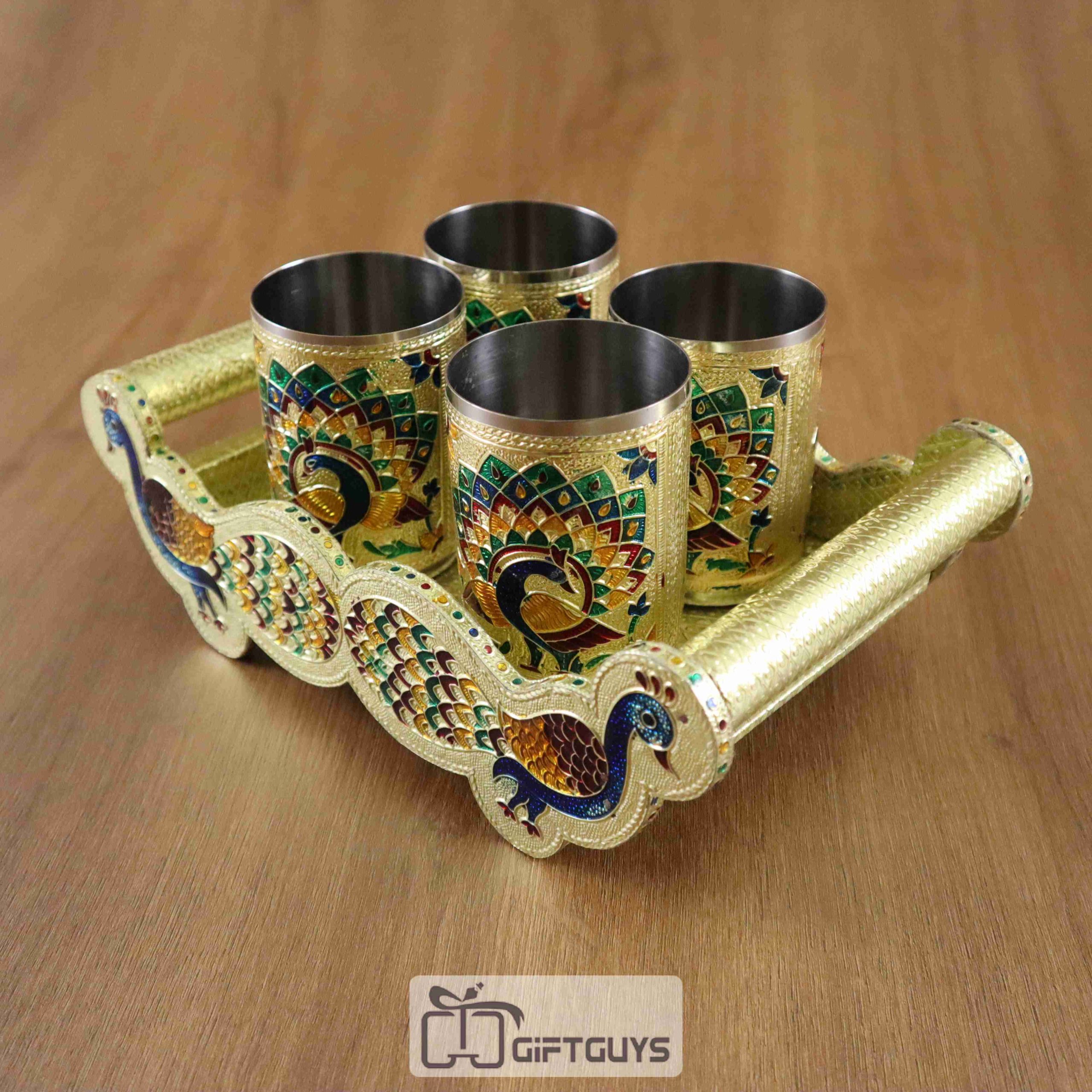 Meenakari Pacock Designed Tray With 4 Glass - Image 2