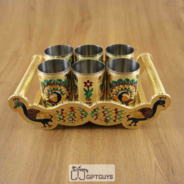 Peacock Designed Meenakari Tray With 6 Glass