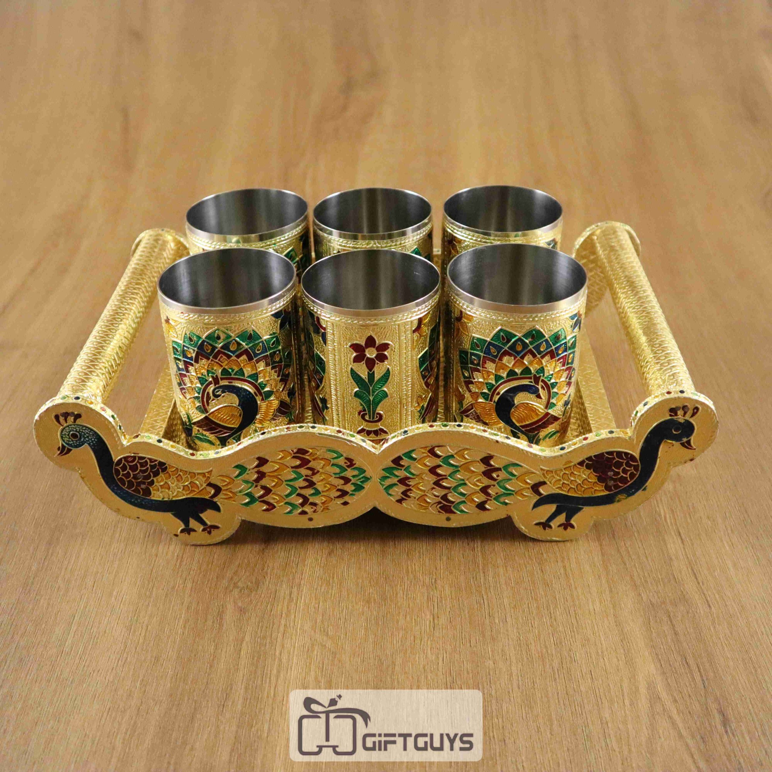 Peacock Designed Meenakari Tray With 6 Glass