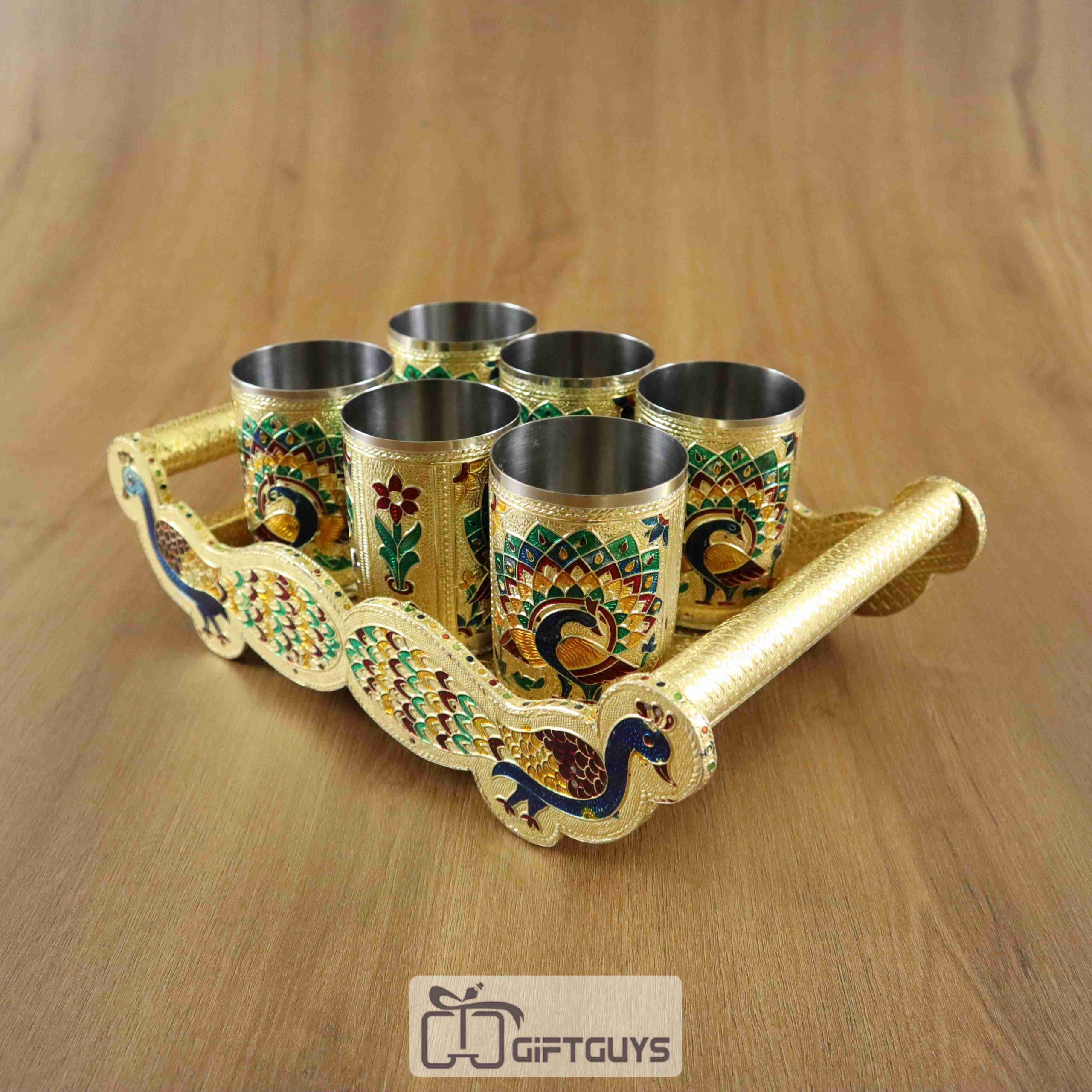 Peacock Designed Meenakari Tray With 6 Glass - Image 2