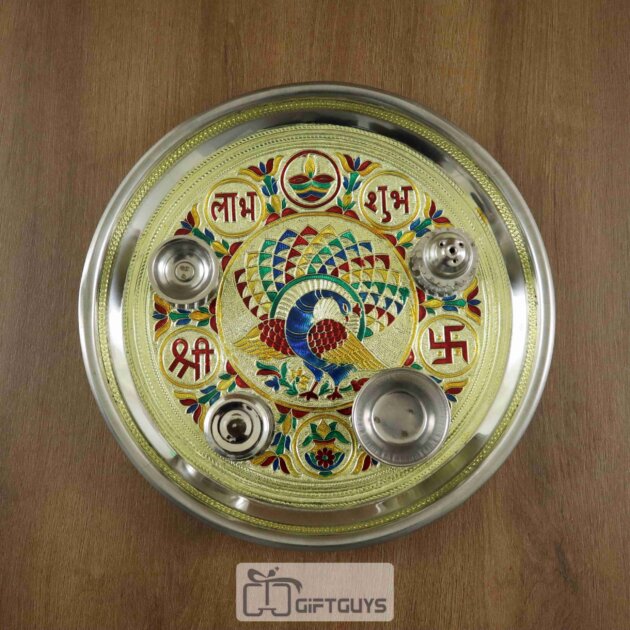 Golden Meenakari Steel Pooja Thali – Peacock Design with 4 Accessories