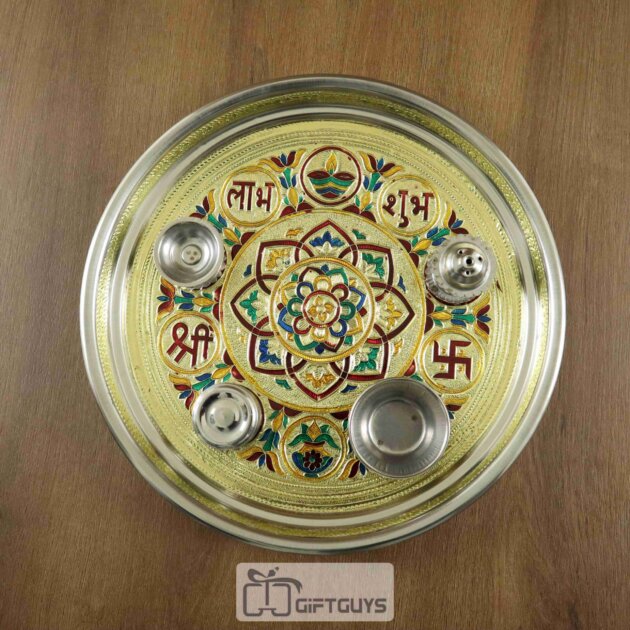 Golden Meenakari Steel Pooja Thali – Mandala Design with 4 Accessories