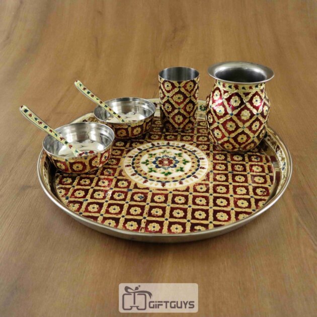 Traditional Meenakari Pooja Thali Set – Handcrafted Steel Plate with Bowls, Glass & Lota for Daily Worship