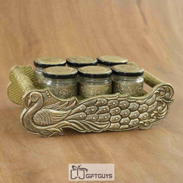 Wooden Oxidised Peacock Designed tray With 6 Jar