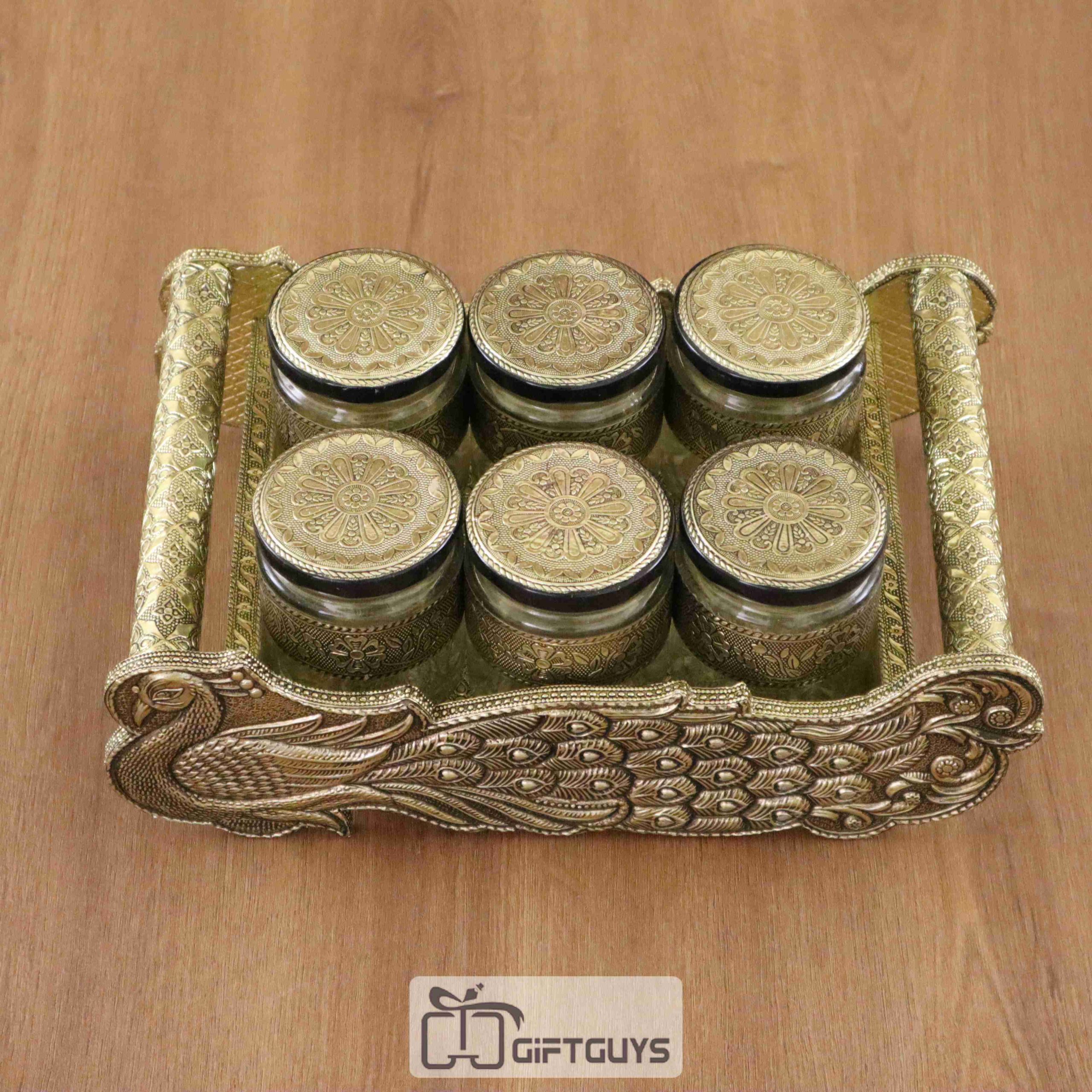 Wooden Oxidised Peacock Designed tray With 6 Jar - Image 2
