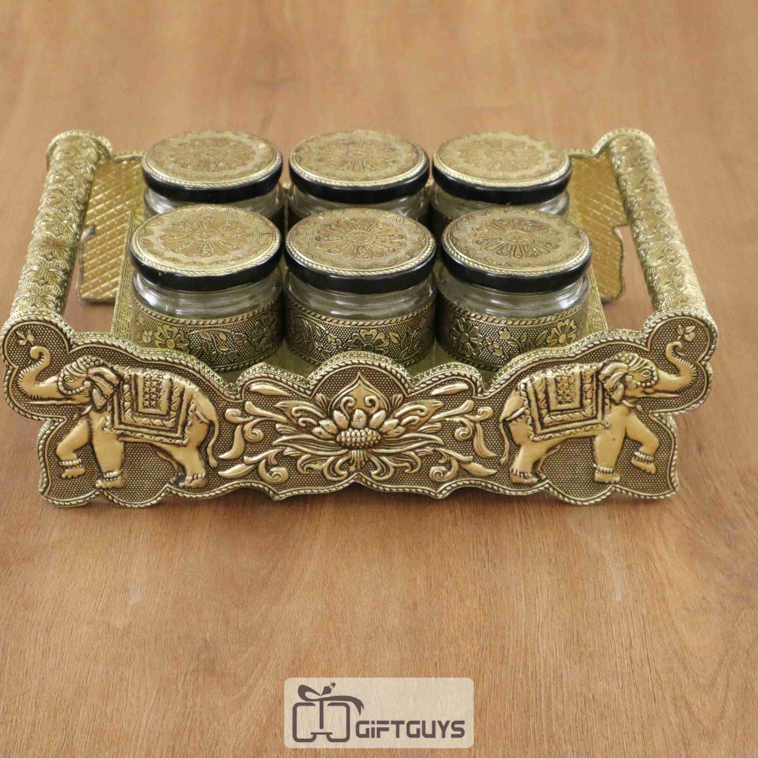 Wooden Oxidised Tray With 6 Jar - Image 2