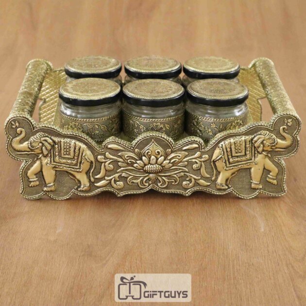 Wooden Oxidised Tray With 6 Jar