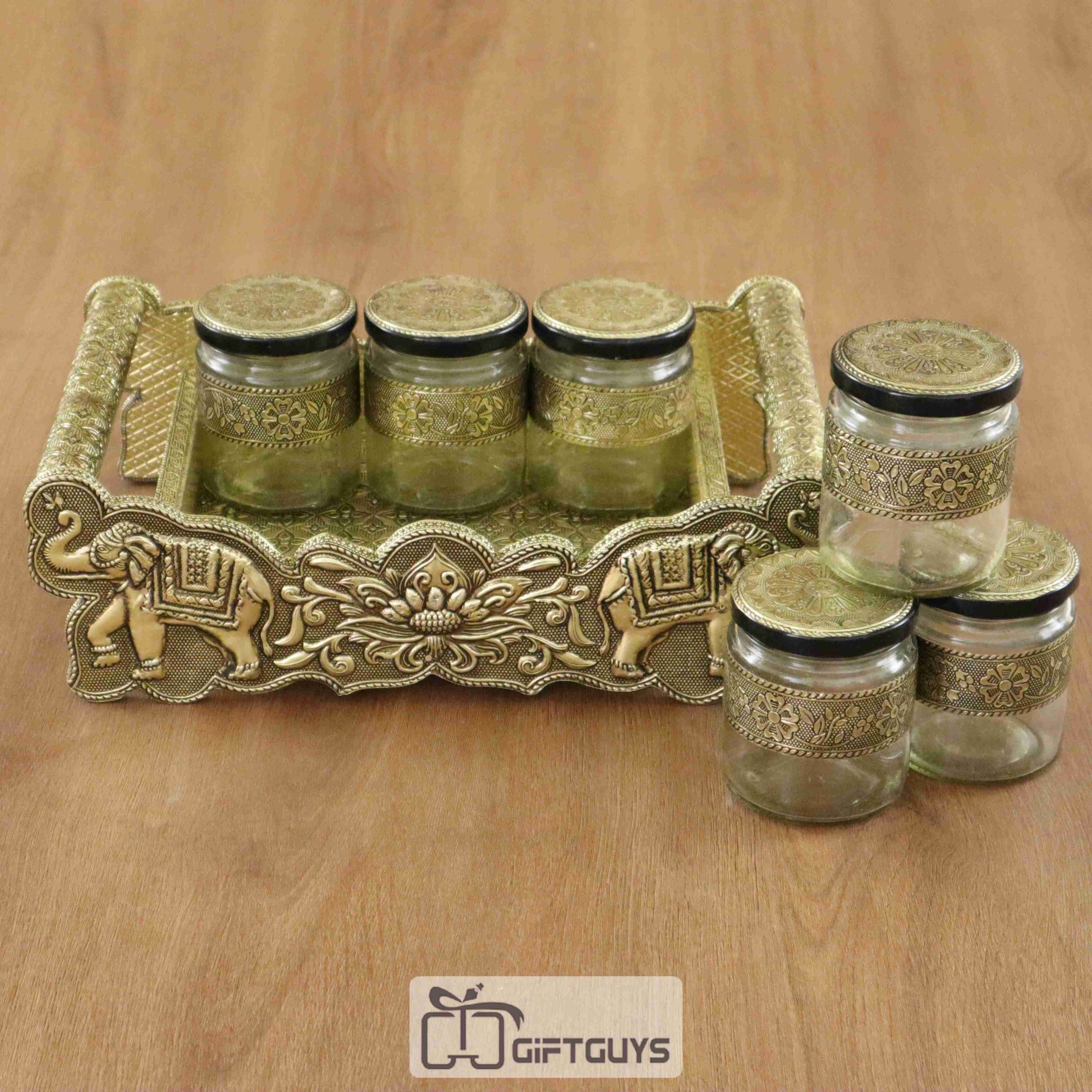 Wooden Oxidised Tray With 6 Jar - Image 3
