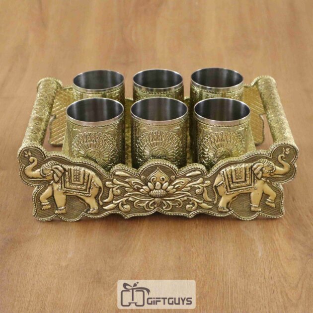 Wooden Oxidised Tray With 6 Glass