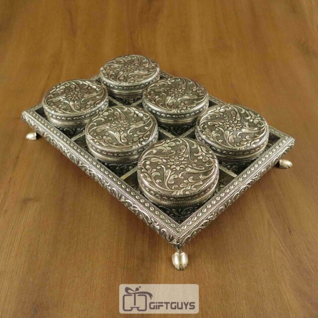 Elegant oxidised wooden tray with 6 steel containers – perfect for dry fruits, spices, or gifting!