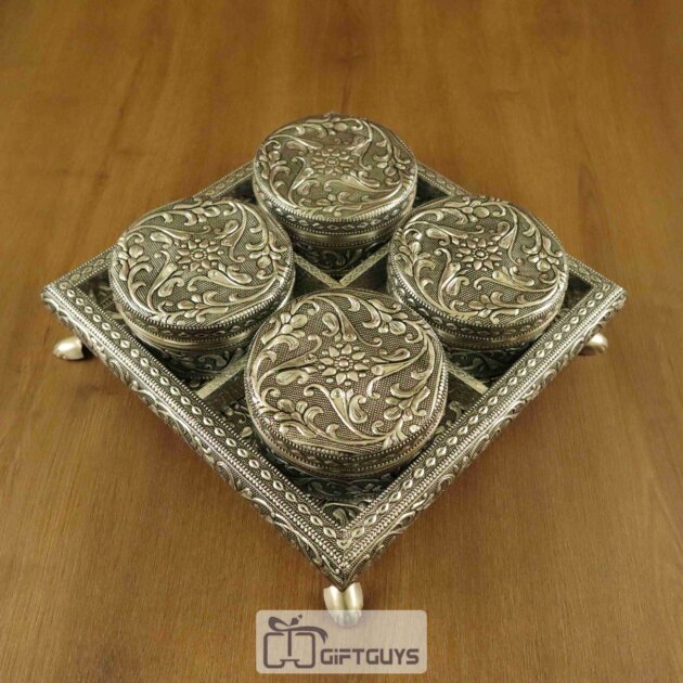 Elegant oxidised wooden tray with 4 steel containers – perfect for dry fruits, spices, or gifting!