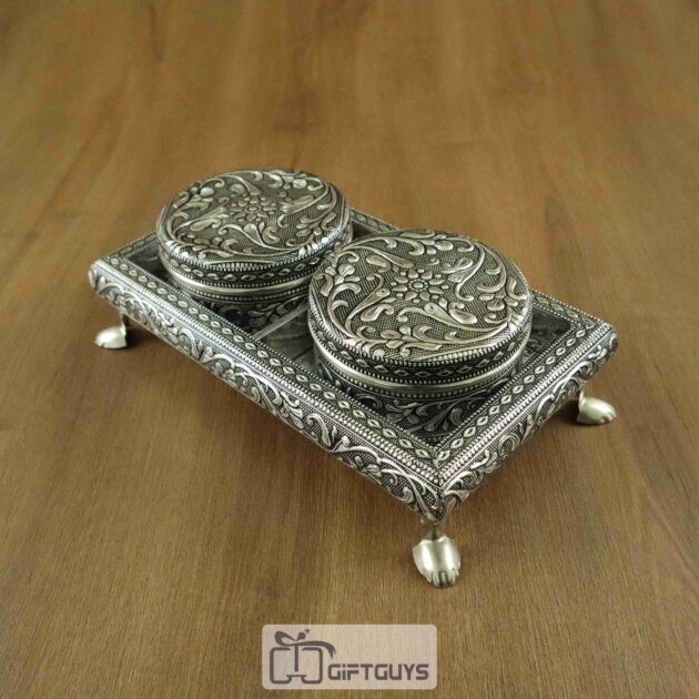 Elegant oxidised wooden tray with 2 steel containers – perfect for dry fruits, spices, or gifting!