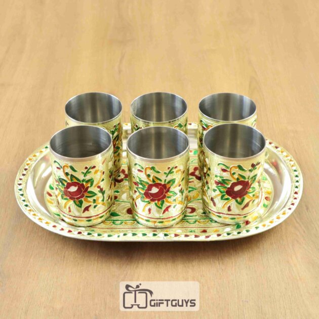 Golden Meenakari Tray Set with 6 Glasses – 250ml | Decorative Steel Serving Set – 12 X 8.5 Inch