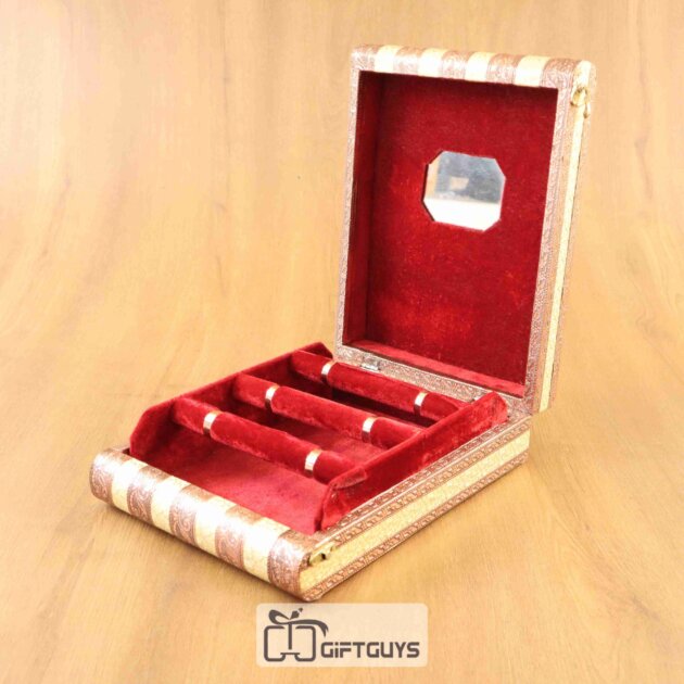 Textured golden finish box with 4 red velvet roll for bangle storage.