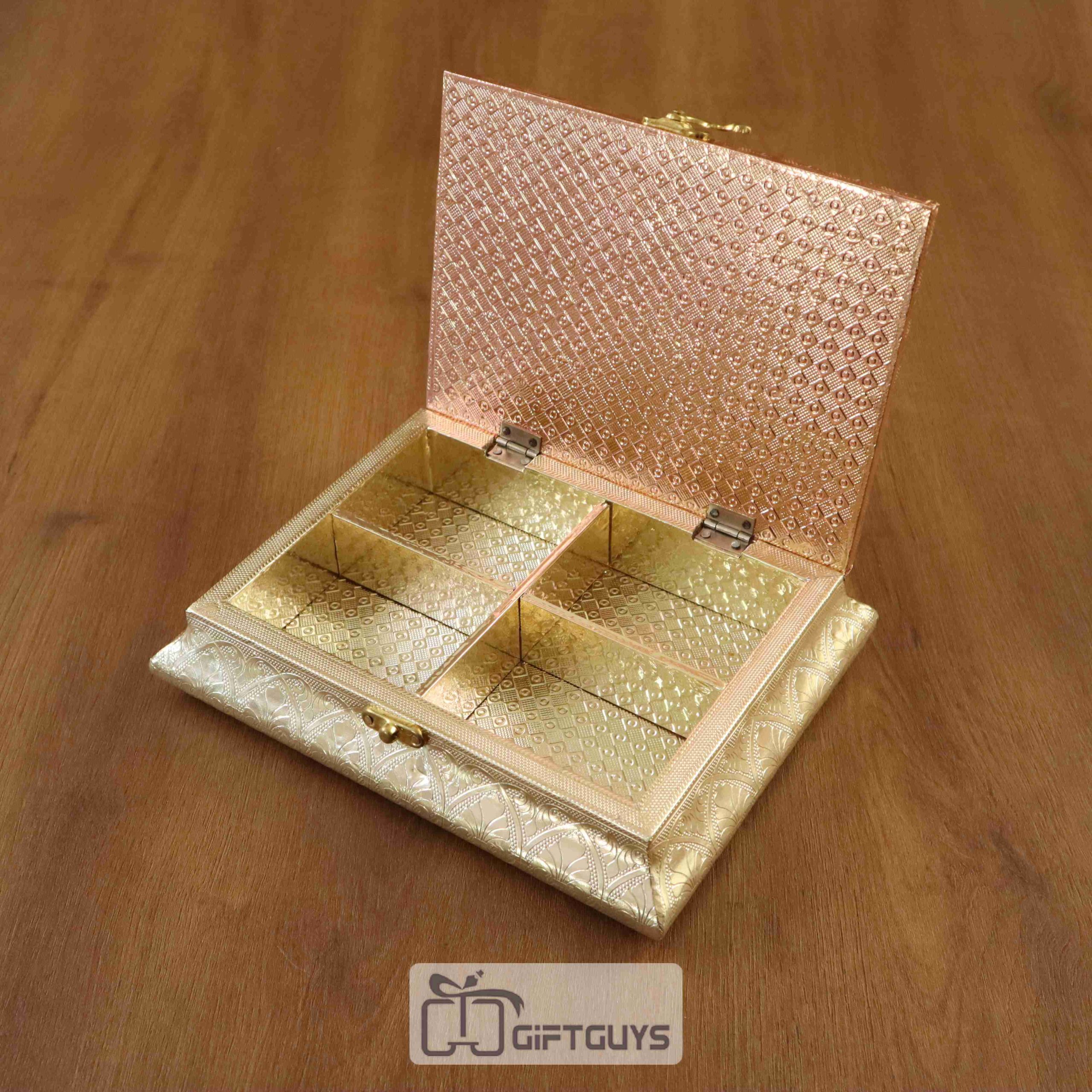 Embossed Rose Gold Dry Fruit Box with 4 Partitions – Decorative Gifting Box - Image 2