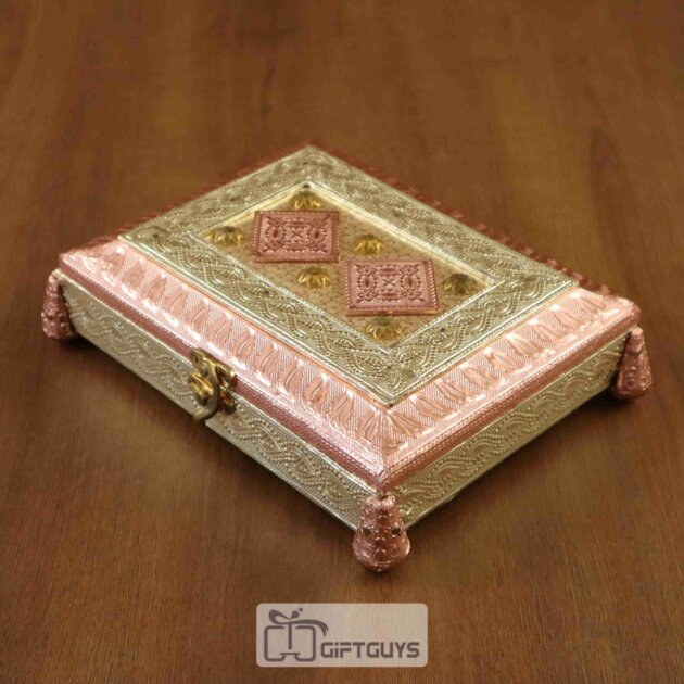 Embossed Rose Gold Dry Fruit Box with 4 Partitions & Legs – Decorative Gifting Box