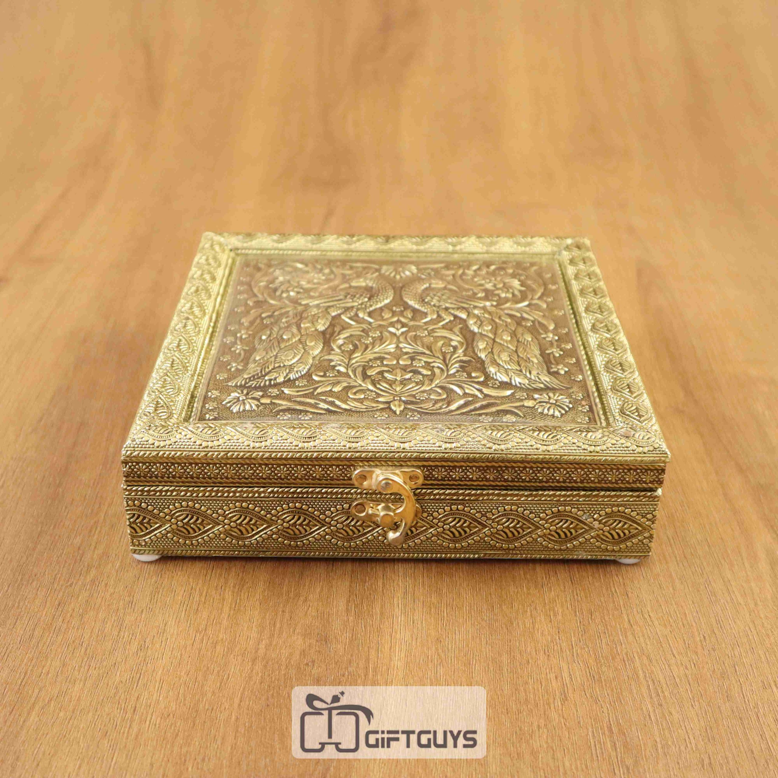 Elegant Embossed Oxidised Dry Fruit Box with Peacock Design – 4 Partition Decorative Gift Box - Image 2