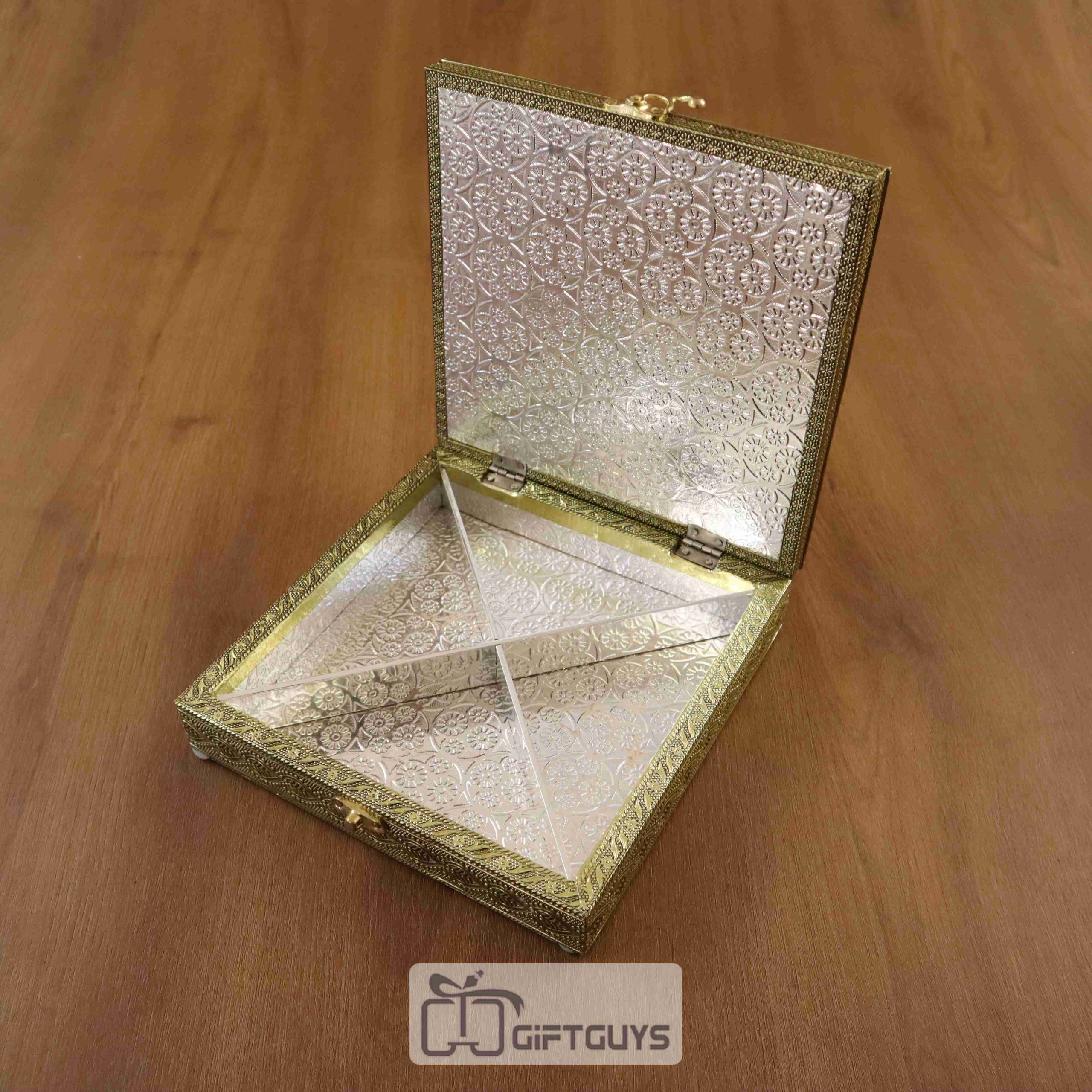 Elegant Embossed Oxidised Dry Fruit Box with Peacock Design – 4 Partition Decorative Gift Box - Image 3