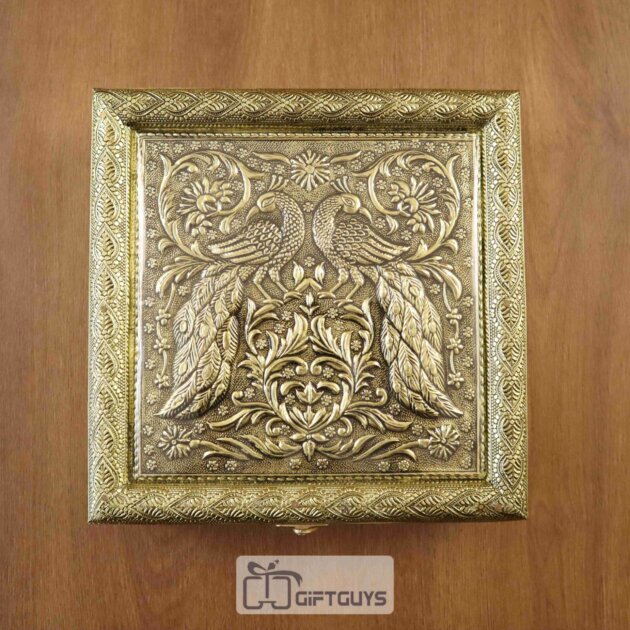 Elegant Embossed Oxidised Dry Fruit Box with Peacock Design – 4 Partition Decorative Gift Box