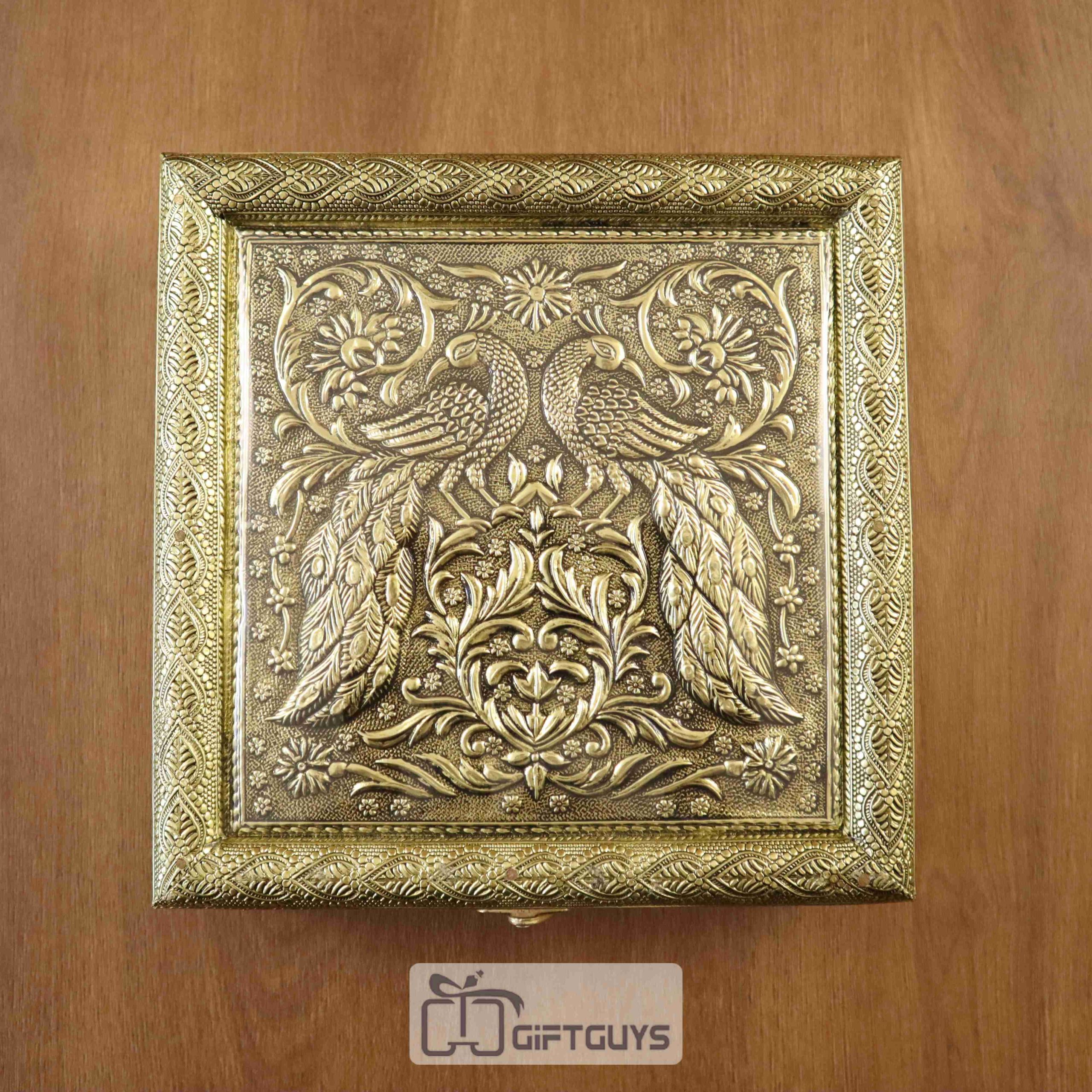 Elegant Embossed Oxidised Dry Fruit Box with Peacock Design – 4 Partition Decorative Gift Box