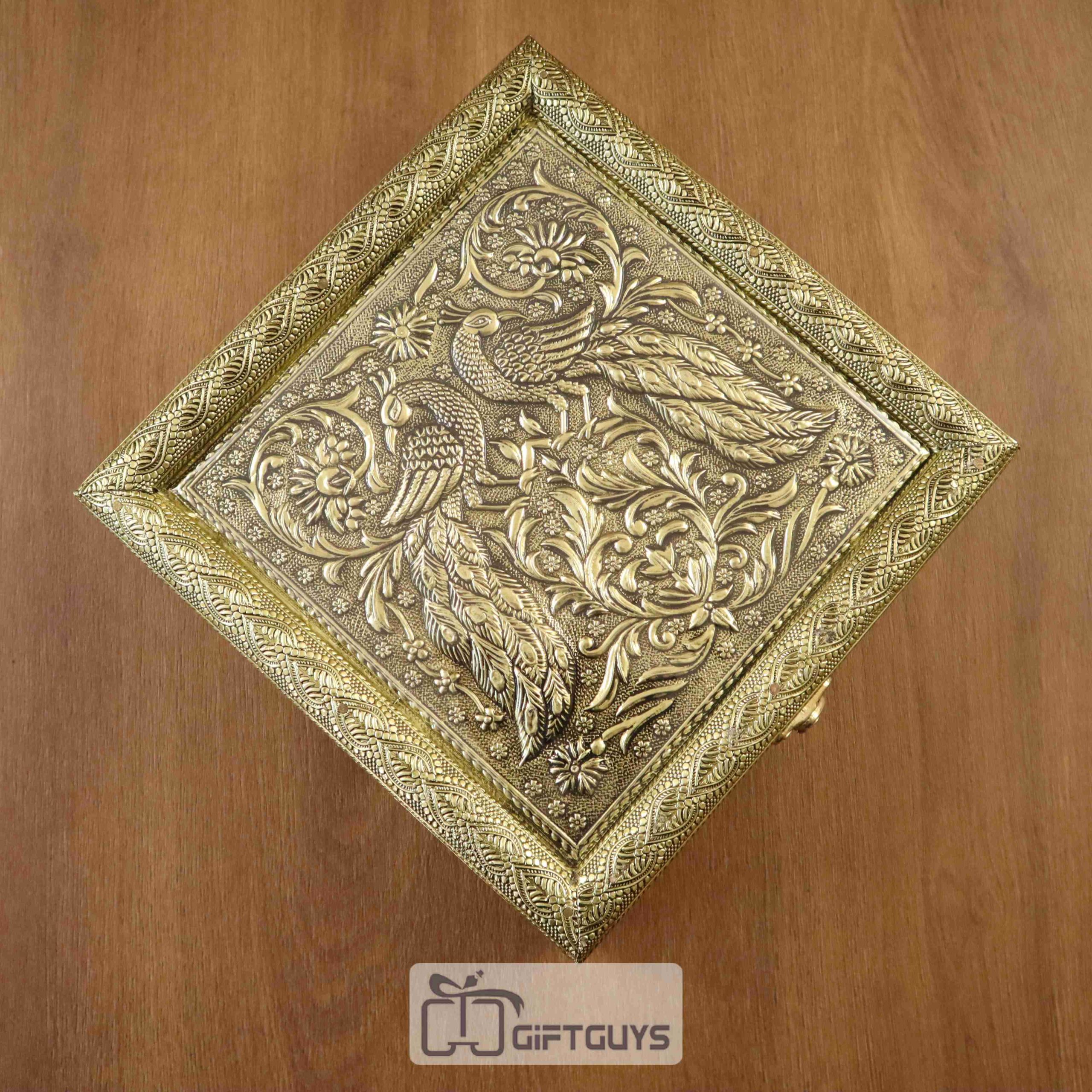 Elegant Embossed Oxidised Dry Fruit Box with Peacock Design – 4 Partition Decorative Gift Box - Image 4