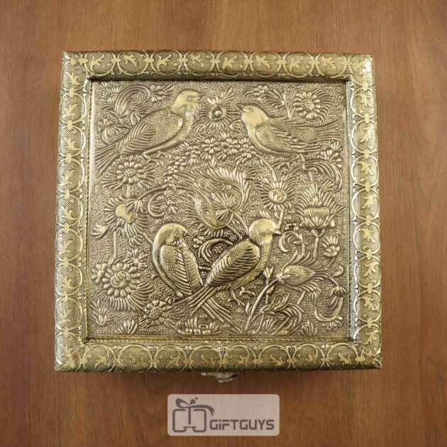 Decorative Embossed Oxidised Dry Fruit Box with Sparrow Design – 4 Partition Decorative Gift Box