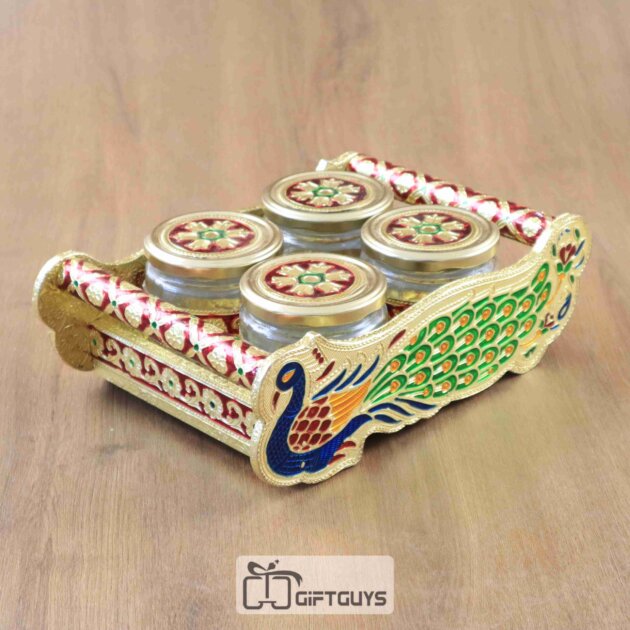 Meenakari Peacock Designed Tray With 4 Jar