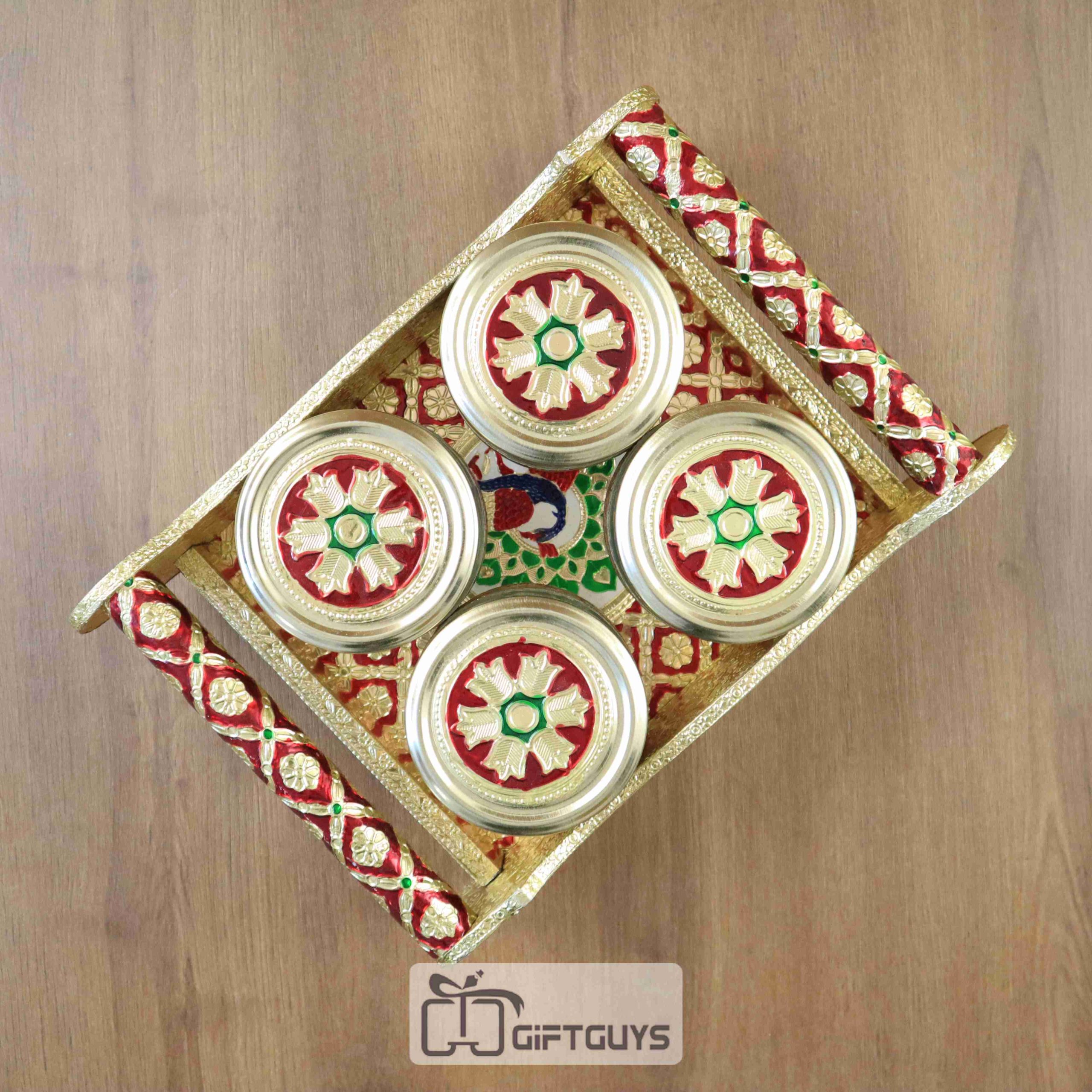 Meenakari Peacock Designed Tray With 4 Jar - Image 3